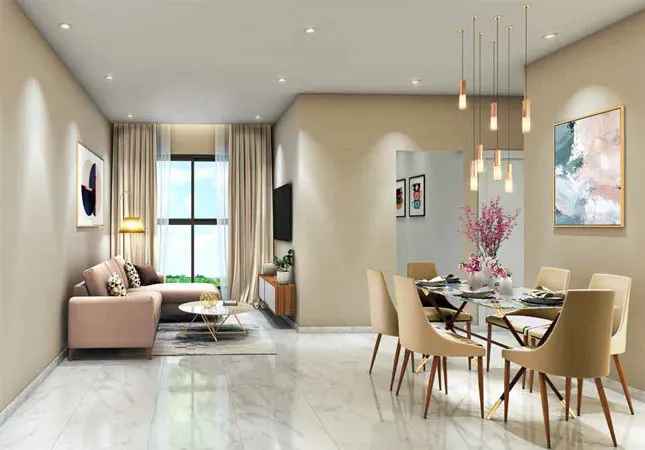 Living room with orange sofa and wooden partition